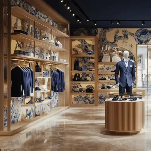 Showcase Men Suit Boutique Fixture with Mannequin Display Platform and Brass Glass Shelf Turnkey Luxury Menswear Store Furniture