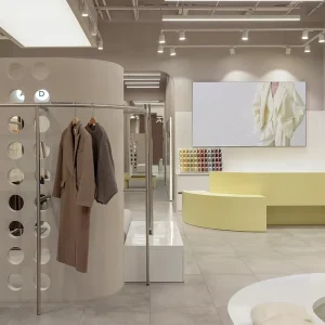 Showcase Minimalist Clothing Store Furniture with Stainless Steel Garment Rack and Circle Perforated Partition Boutique Fixture