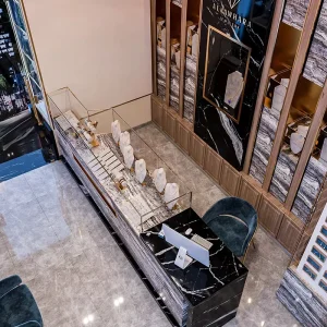 Showcase Premium Jewellery Store Furniture Blue Velvet Gold Leg Chair VIP Consultation Room Complete Interior Design Fixture Set