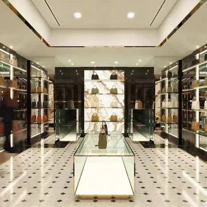 Showcase Ultra Luxury Retail Store Fixture with Onyx Backlit Feature Wall Gold Glass Display Complete Handbag Boutique Furniture