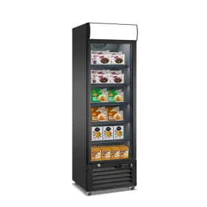 Single Door Upright Freezer Frozen Food Ice Cream Glass Display Cabinet Commercial Fan Cooling Freezer for Supermarket Store