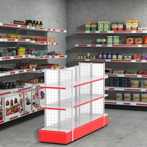 Single-Sided Supermarket Gondola Rack Light-Duty Wood Steel Store Display Shelf Essential Efficient Modern Supermarket Metallic