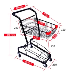Small Black Metal 2-tier Shopping Trolley Cart With Plastic Basket for Market Stores Bar KTV and Shopping Mall