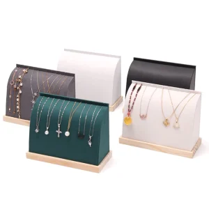 Solid Wooden Base PU Leather Velvet Jewelry Organizer Rack Pendant Bracelet Necklace Display Stand for Counter Showcase