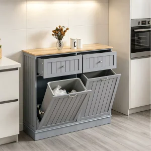 Space Saving Kitchen Tilt Out Trash Cabinet with Waterproof Rubberwood Top and Odor Control Design for Modern Apartment