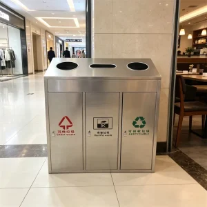Space Saving Slim Triple Compartment Stainless Steel Indoor Trash Can 3-Stream Recycling Station for Narrow Mall Passage