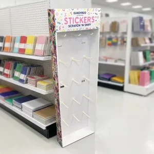 Stationery Custom Logo Printing Cardboard Floor Stand With Plastic Hooks Stickers Display Rack