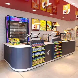 Steel MDF Tempered Glass Reception Desk and Supermarket Checkout Counter LED Light Display Showcase Cabinet Cashier Desk
