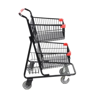 Steel Metal Shopping Double Basket Trolley with Mesh Structure Outdoor Use 4” PU Wheels