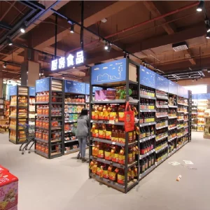 Store Rack Supermarket Shelves Large Front Pillar Storage Shelves Shopping Mall Shelves with Top Logo and Side Panel