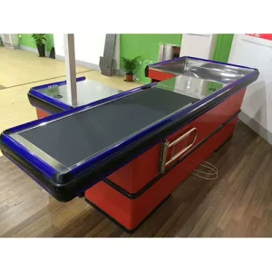 Supermarket Cash Drawer Desk with Stainless Steel Table Top for Shops and Stores with Moving Belt