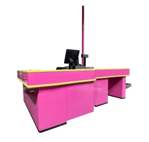 Supermarket Cashier Counter Pink Colour Retail Checkout Counter Store Cash Register Cashier Desk With Conveyor Belt