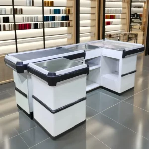 Supermarket Cashier Edge Steel Belt Sets Packing Plastic Type Metal Desk Cash Checkout Counter