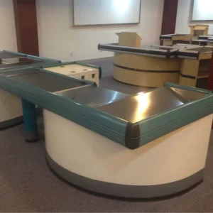 Supermarket Checkout Cash Counter Register Stand Table Design with Conveyor Belt
