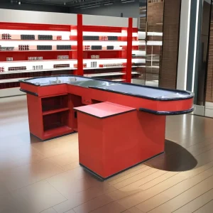 Supermarket Checkout Counter Cash Counter Table Design Steel Cashier Convenience Store Check Out Counter With Conveyor Belt