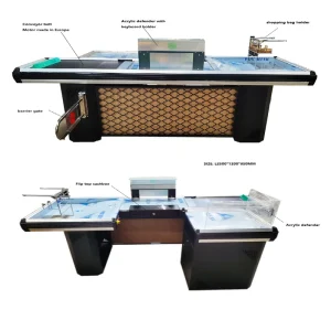 Supermarket Checkout Counter with Thickened Wood Grain and Stainless Steel Surface Decor