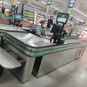 Supermarket Checkout Counters Stainless Steel Cash Register Desk with scanner weighing scale conveyor belt