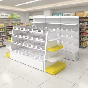Supermarket Display Shelving With Acrylic Divider Side Storage Basket for Convenience Store Candy Snack Fixture