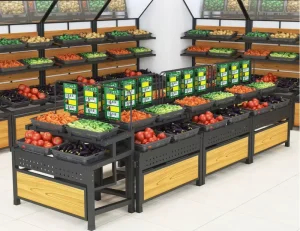 Supermarket Equipment for Fruit and Vegetable Gondola Store Rack 3 Layer with Basket Fresh Food Display Table