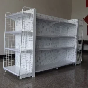 Supermarket Gondola Display Rack Steel Double Sided Heavy Duty 5 Shelf Grid Structure With Adjustable Back Panel