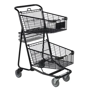Supermarket Metal Double Basket Shopping Trolley Hypermarket Hand Push Mesh Structure for Daily Use