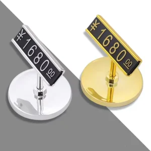 Supermarket Metal Price Stand Holder Gold/Silver Shelf Price Tag Display with Plastic Round Base Carton Packing