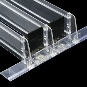 Supermarket PVC and Metal Shelf Divider and Pusher System for Display Applications