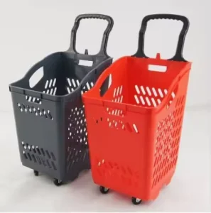 Supermarket Ready to Shop Hand Trolley Plastic Shopping Basket with Wheels
