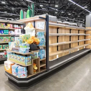 Supermarket Shelf Light Duty Wood Gondola Display Racks Double Sided Shelves Retail Store Shop Displays