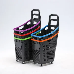Supermarket Shopping Basket Wheels PP Rolling Grocery Cart 35L Capacity Durable Eco Friendly Nestable Retail Store Trolley