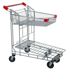 Supermarket Shopping Flat Trolley With Double Deck Zinc Folding Design
