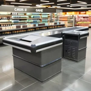 Supermarket Store Electric Cash Checkout Counter With Conveyor Belt Cashier Checkout Table Counter