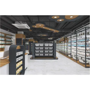 Supermarket Store Interior Gondola Shelving Metal Wood Display Rack Customizable Size Finish and LED Light Option