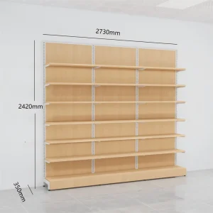 Supermercado Double Sided Gondola Wall Mounted Shelf Platform for Retail Stores Metal & Wood Quick Installation