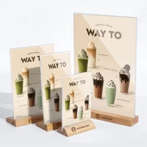 Table Menu Display Stand Flyer Display Clear Acrylic Double Sided T Shape Acrylic Sign Holder with Wood Base