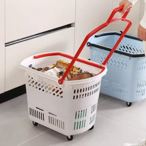 Thickened Supermarket Shopping Basket with Handle Pull Rod Wheels PP Material Model 2218 Wheeled Trolley Grocery Cart