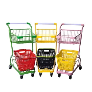Two Layers Double Layers Basket Trolley Colored Basket Metal Supermarket Shopping Trolley Carts