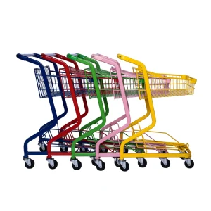 Two Layers Metal Shopping Trolley with Durable Anti rust Finish 5 Inch Caster Unfolding Design Colored Basket Cart