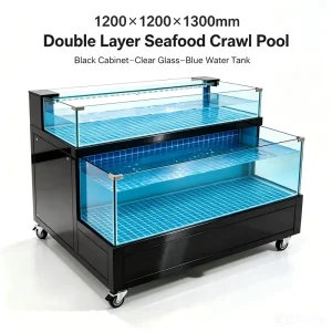Used Double Layer Seafood Crawl Pool Movable Glass Live Crab Lobster Display Tank Circulation Filtration System for Supermarket