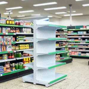 Used Heavy Duty Double Sided Perforated White Steel Supermarket Grocery Shelving Retail Store Display Rack Adjustable Back