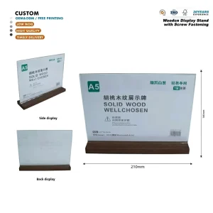 Walnut Wood Grain Desktop Sign Holder T Shape Acrylic Display Stand for A5 Retail Price Tag Display Rack
