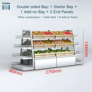 White Island Rack Open Produce Display Stand Supermarket Center Aisle Merchandiser with Wooden Crates for Grocery Retailers
