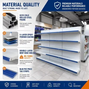 White Metallic Double Sided Flat Panel Supermarket Display Rack Retail Store Shelf Light Duty Grocery Shelves