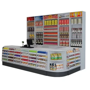 White Retail MDF Cashier Counter Checkout Counter Table for Grocery Store with Glass Display Cabinet
