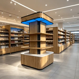 Wood Grain Gondola Shelving System with LED Overhead Lights Multi Layer Retail Display Rack for Supermarket and Grocery Store