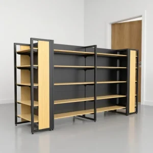 Wood Grain Metal Shelving Double-Sided Gondola Display Racks for Boutique Cosmetic & Book Stores