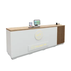 Wood MDF Powder Coated White Custom Reception Desk for Cafe Dessert Beverage Stores Cash Checkout Counters