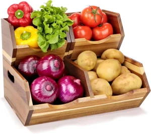 Wood Pantry Storage Bins Stackable Potato and Onion Storage Bins for Kitchen Countertop Set of 3 Organizer Baskets for Fruit