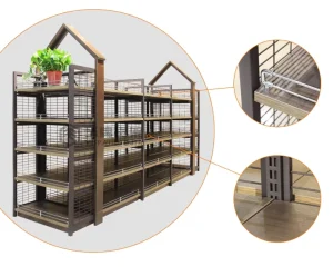 Wood and Metal Gondola Display Stand Heavy Duty Supermarket Shelving for Liquor Stores