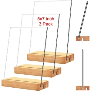 Wooden Acrylic Sign Holder with Wood Base Wood Sign Holder Vertical Slant Back Display for Store Office